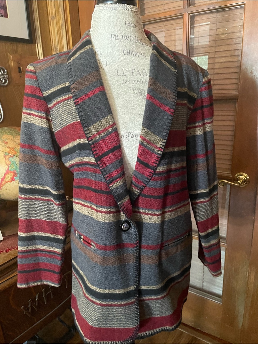 Striped Single-Button Blazer in Gray & Red